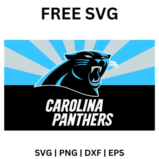 Snarling black and blue panther head over a blue and gray retro sunburst, with white italic team lettering on a black band below, free retro panther football SVG cut file preview.