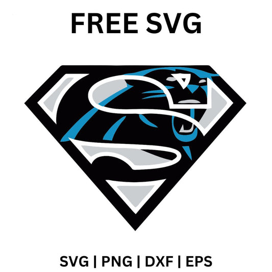 Black, silver and blue diamond superhero shield with a panther head forming the S curve in the center, free panther superhero shield SVG cut file preview.