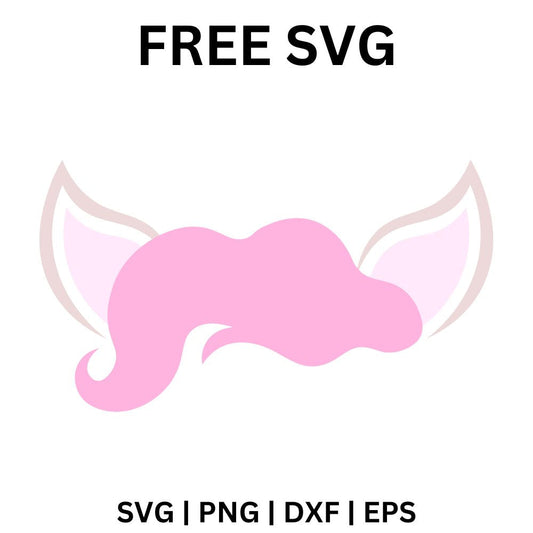 Pair of pale pink outlined unicorn ears with a fluffy bright pink mane swoosh between them, free pastel unicorn ears SVG cut file preview.