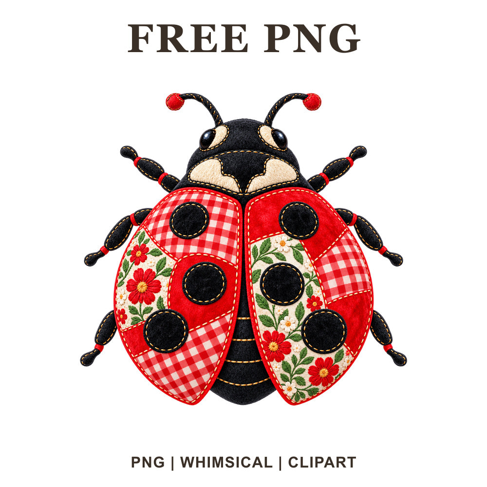Patchwork quilt style ladybug clipart with red gingham wings, cream floral patches and black spots, free ladybug PNG
