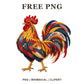 Colorful patchwork quilt style rooster in red, yellow and navy with floral patterns, free farmhouse rooster PNG