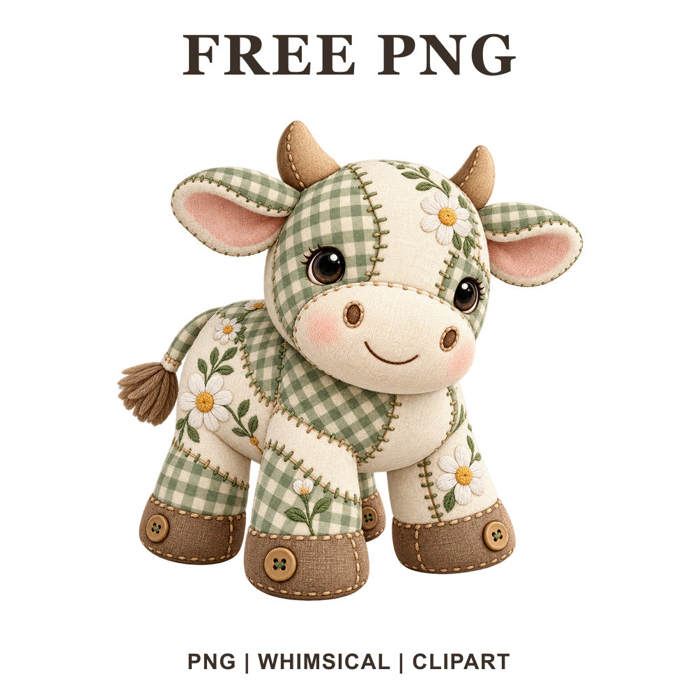 Cow in a sage green patchwork style, whimsical cow PNG clipart.