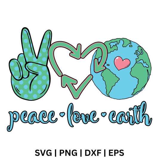 Green polka dot peace sign hand, a green recycling arrow heart and an Earth globe with a pink heart above blue script peace love earth text, free peace love earth SVG cut file preview.