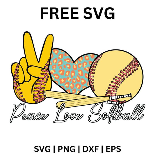Yellow peace hand sign, a leopard print heart and a softball above peace love softball script with a bat underline, free peace love softball SVG cut file preview.