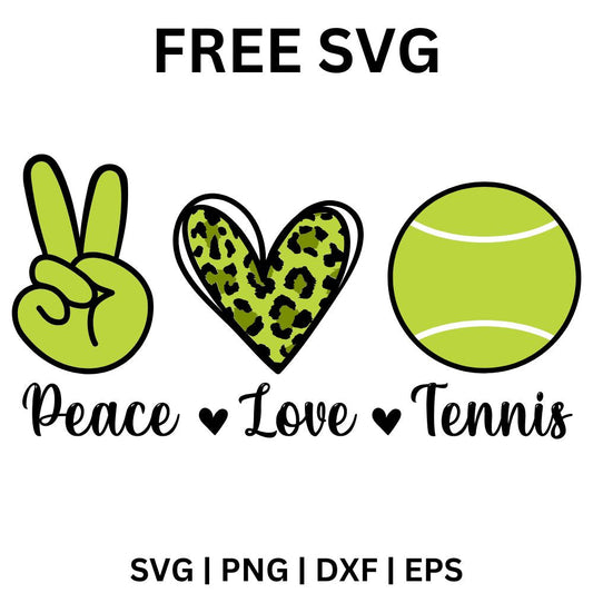 Peace Love Tennis trio with a green peace sign hand, a leopard print heart and a tennis ball above script words, free peace love tennis SVG cut file preview.