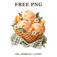 Peach ice cream in a waffle bowl with peach slices and daisies on a green checkered picnic cloth, free PNG