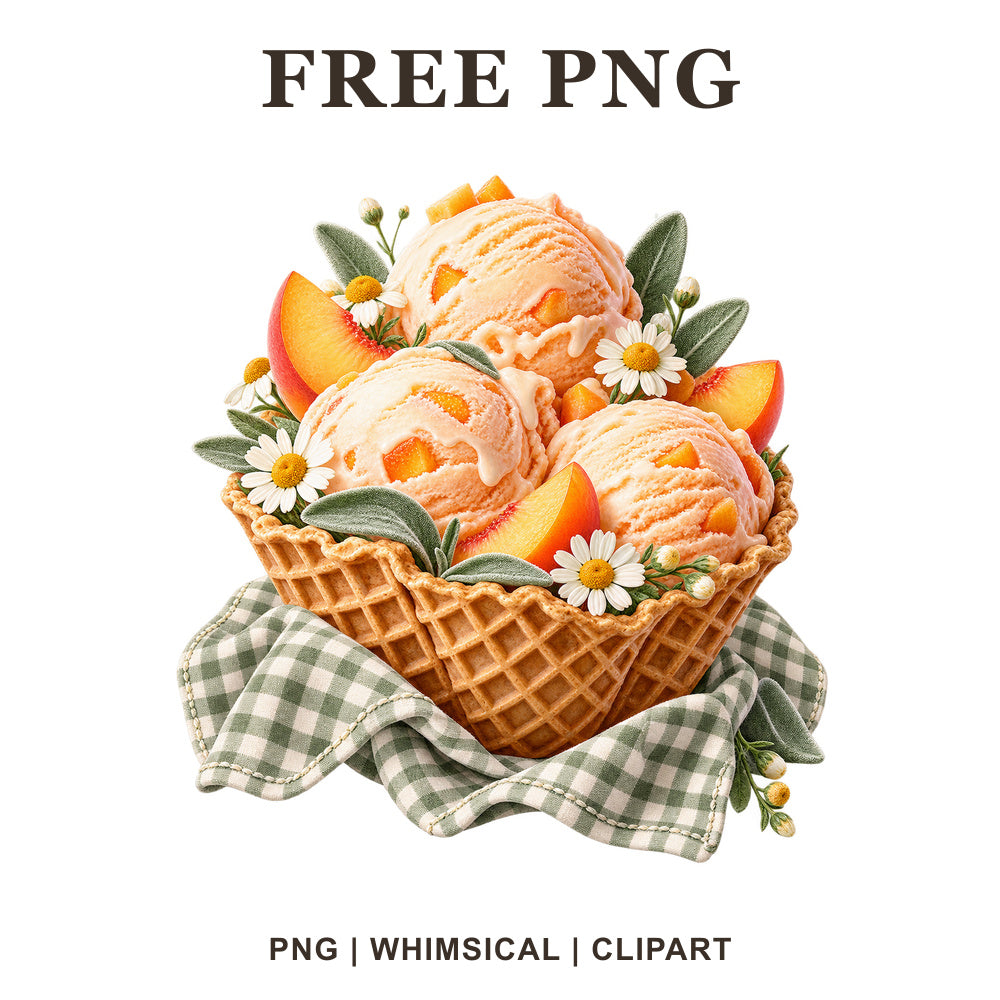Peach ice cream in a waffle bowl with peach slices and daisies on a green checkered picnic cloth, free PNG