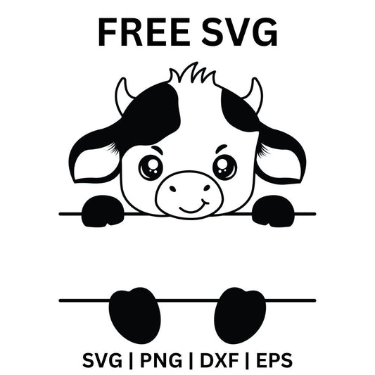 Cute baby cow face with spots and tiny horns peeking over a split line monogram bar with little hooves, free baby cow SVG cut file preview.