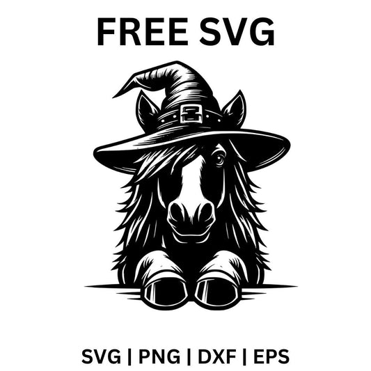 Black and white horse wearing a pointed witch hat peeking over a ledge with its front hooves showing, free Halloween horse SVG cut file preview.