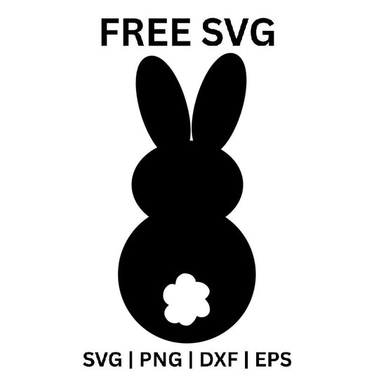 Black peep-style Easter bunny silhouette seen from behind with two tall ears, a smooth stacked round body and a white flower-shaped tail at the base, free Easter bunny SVG cut file preview.