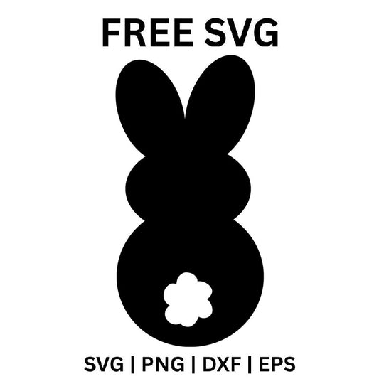 Black peep-style Easter bunny silhouette seen from behind with two rounded ears, a stacked round body and a white flower-shaped tail, free Easter bunny SVG cut file preview.