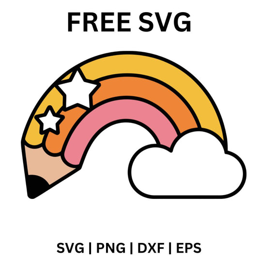 Pastel rainbow in yellow, orange and pink ending in a sharpened pencil tip on one side and a white cloud on the other, with two white stars, free teacher rainbow SVG cut file preview.