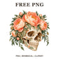 Floral skull clipart with a crown of peach and pink peonies, green leaves and small blossoms, free peony skull PNG