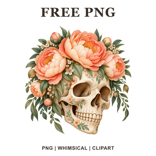 Floral skull clipart with a crown of peach and pink peonies, green leaves and small blossoms, free peony skull PNG