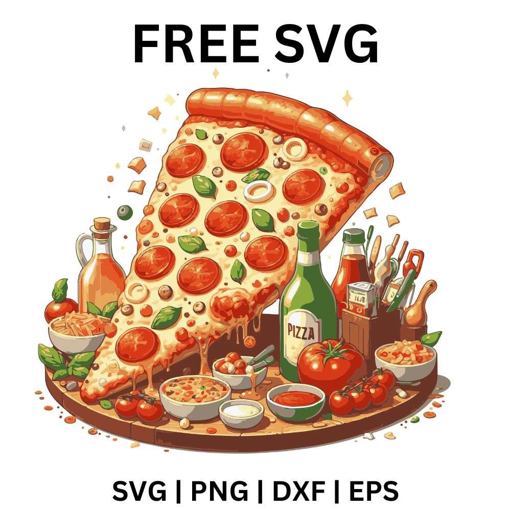 Big pepperoni and basil pizza slice over a full pizza surrounded by olive oil bottles, tomatoes, olives and small dishes, free pizza feast SVG cut file preview.