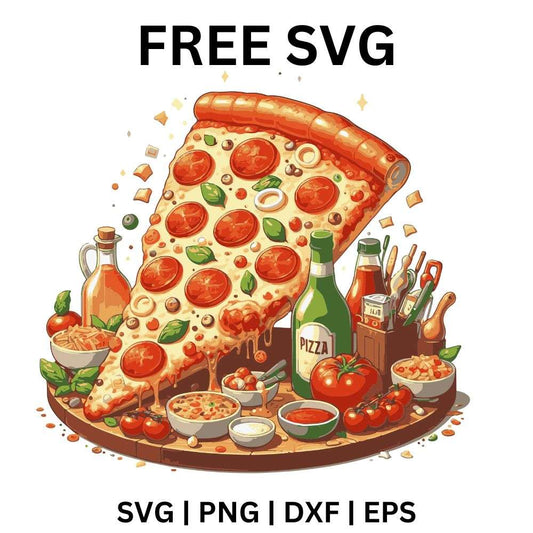 Big pepperoni and basil pizza slice over a full pizza surrounded by olive oil bottles, tomatoes, olives and small dishes, free pizza feast SVG cut file preview.