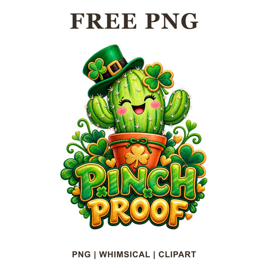 Smiling cactus in a green leprechaun hat in a terracotta pot above Pinch Proof orange and green lettering, free St Patrick's Day PNG