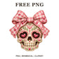 Coquette sugar skull clipart with a big pink gingham bow and heart patterns, free girly skull PNG