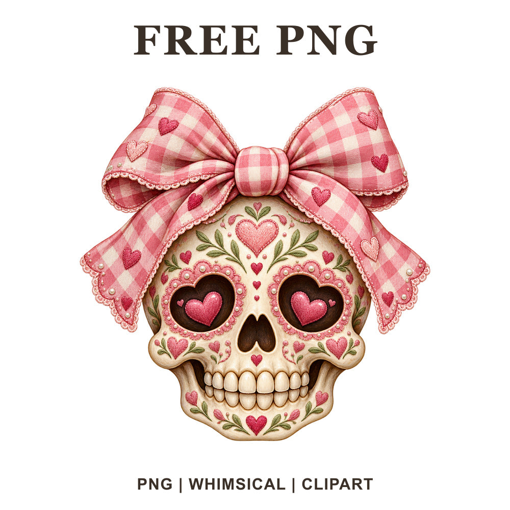 Coquette sugar skull clipart with a big pink gingham bow and heart patterns, free girly skull PNG