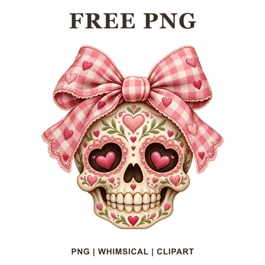 Coquette sugar skull clipart with a big pink gingham bow and heart patterns, free girly skull PNG