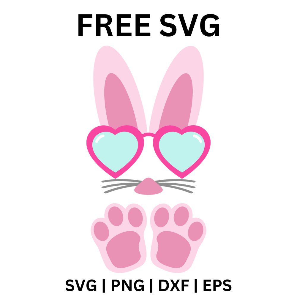 Pink bunny ears above pink heart-shaped sunglasses with mint lenses, whiskers and two pink bunny paws below, free Easter bunny sunglasses SVG cut file preview.