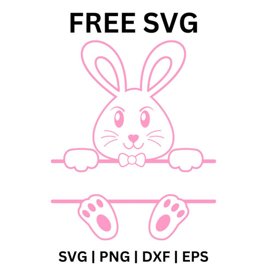 Pink outline bunny with a bow tie peeking over a blank name band with its paws and feet showing below, free bunny split name frame SVG cut file preview.