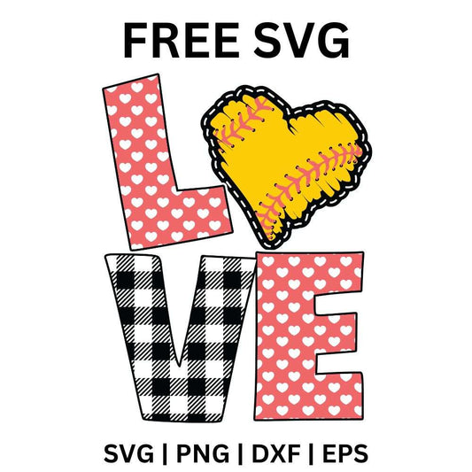 Stacked love letters in pink polka dots and black buffalo plaid with a yellow heart-shaped softball as the O, free softball love letters SVG cut file preview.