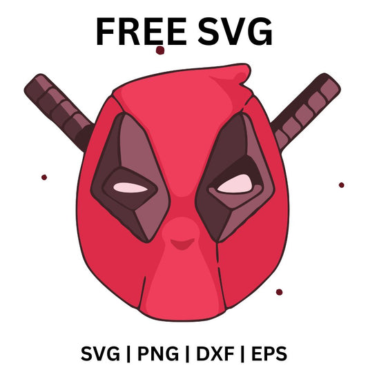 Pinkish red hero mask head with dark eye patches and white eyes in front of two crossed sword handles, free hero mask SVG cut file preview.
