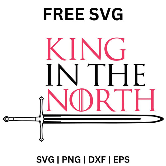 Pink and black serif king quote lettering stacked above a long medieval sword lying horizontally, free king sword quote SVG cut file preview.