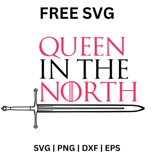 Pink and black serif queen quote lettering stacked above a long medieval sword lying horizontally, free queen sword quote SVG cut file preview.