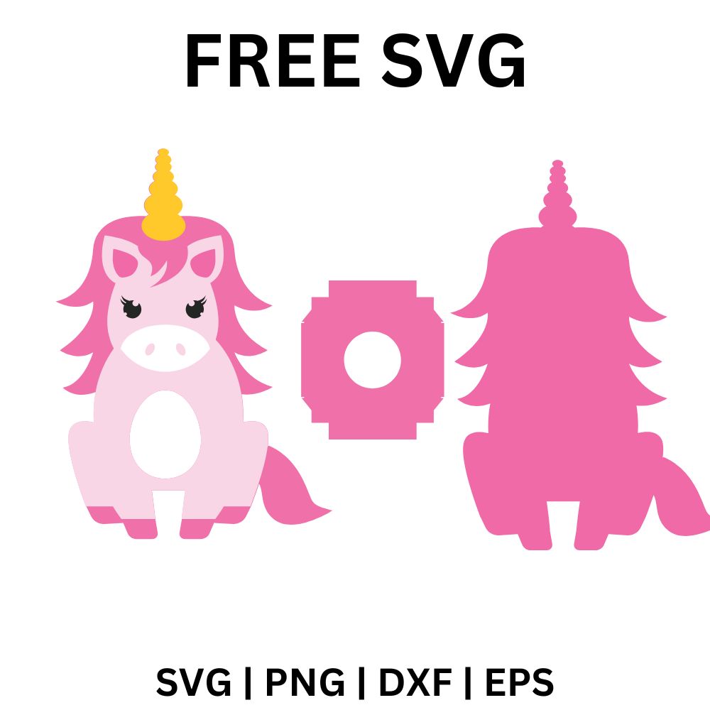 Pink sitting unicorn with a gold horn shown next to its flat pink papercraft cut pieces for an egg holder, free unicorn egg holder SVG cut file preview.