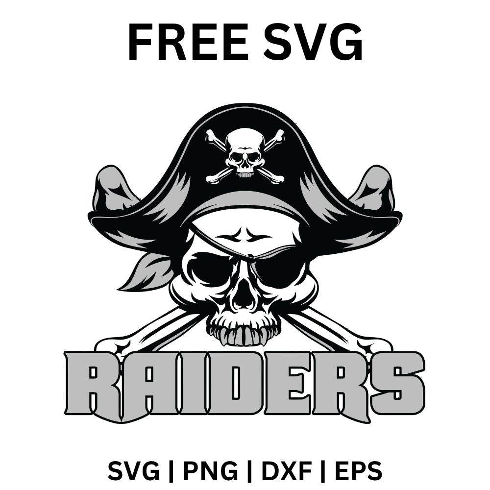 Skull wearing a pirate hat with a skull emblem and eye patch over crossed bones above bold gray team name block lettering, free pirate mascot SVG cut file preview.