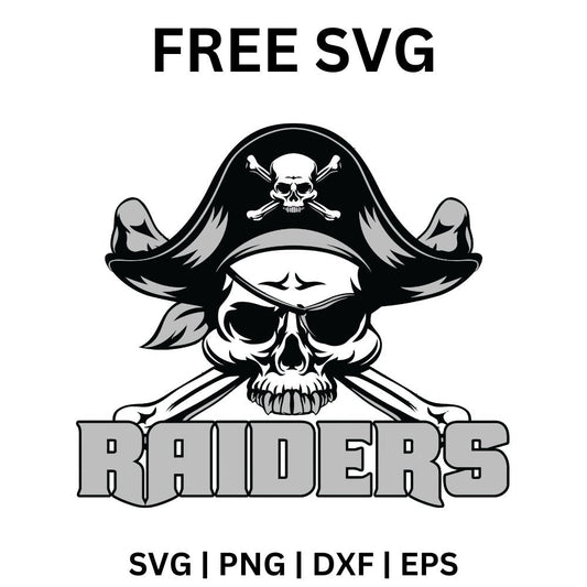 Skull wearing a pirate hat with a skull emblem and eye patch over crossed bones above bold gray team name block lettering, free pirate mascot SVG cut file preview.