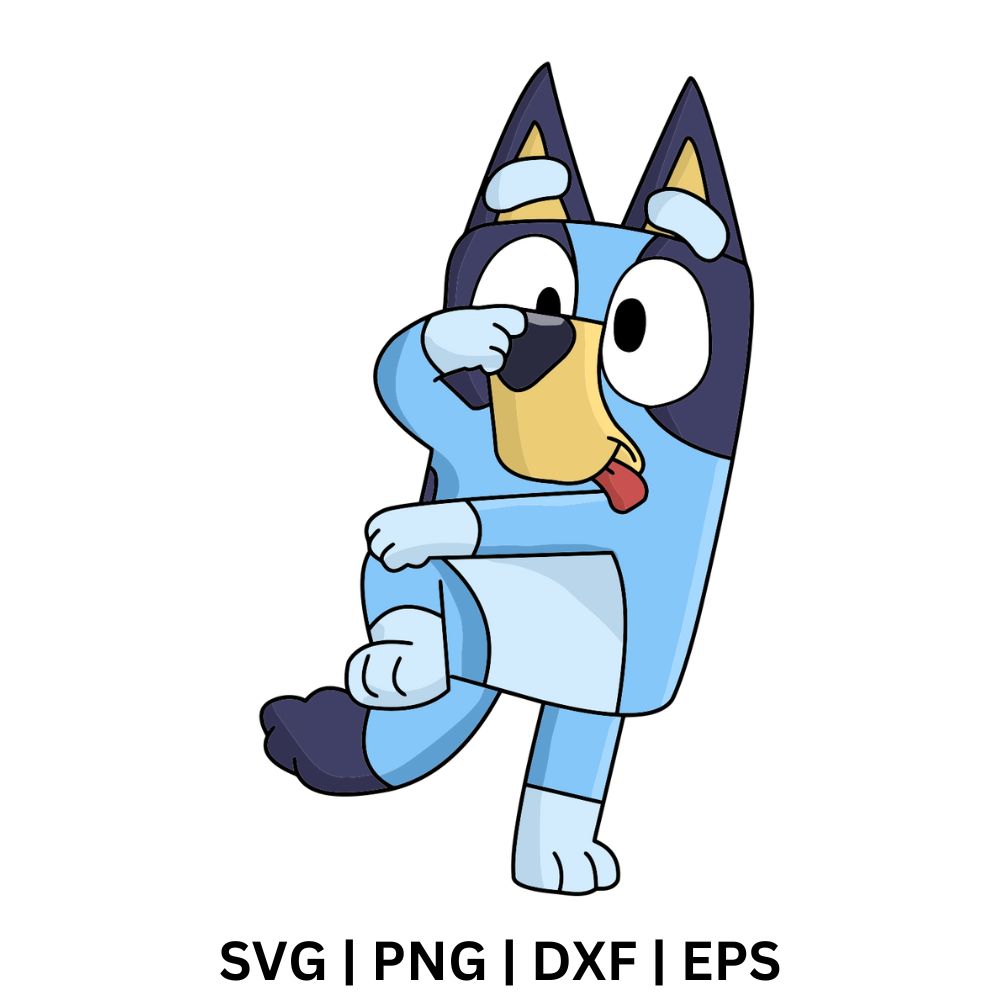 Playful cartoon dog with blue fur, a tan muzzle and its tongue out, standing on one leg while covering one eye with a hand, free playful cartoon dog SVG cut file preview.