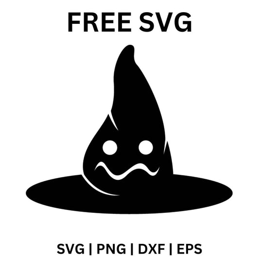 Black pointy witch hat with a wide brim and a nervous cartoon face with dot eyes and a wavy mouth, free talking hat SVG cut file preview.