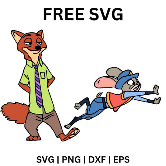 Gray police bunny in uniform dashing after a relaxed cartoon red fox strolling in a green shirt and tie, free fox and bunny chase SVG cut file preview.