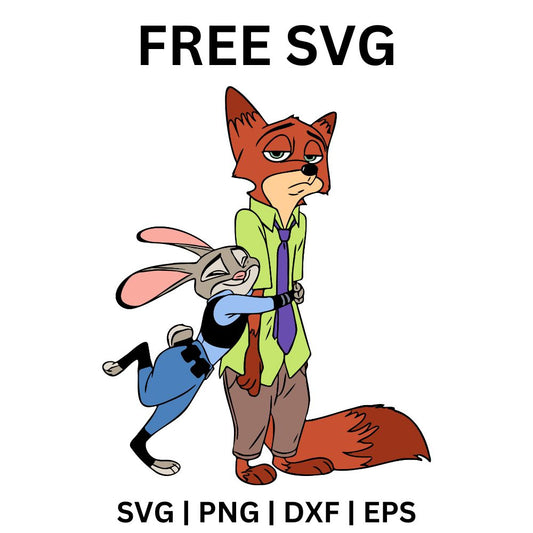 Gray police bunny in uniform warmly hugging a tall cartoon red fox in a green shirt and tie, free fox and bunny hug SVG cut file preview.