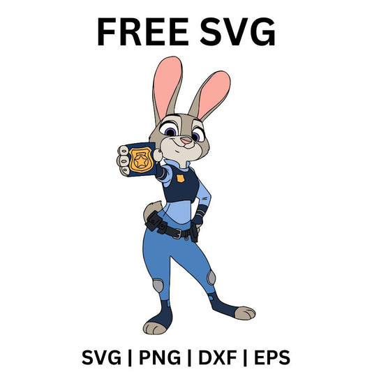 Proud gray police bunny in a navy uniform holding up a gold badge with one hand on her hip, free police bunny SVG cut file preview.