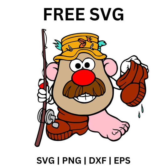 Potato toy with a red nose and big mustache wearing a fishing hat and waders while holding a fishing rod and a boot, free fishing potato toy SVG cut file preview.