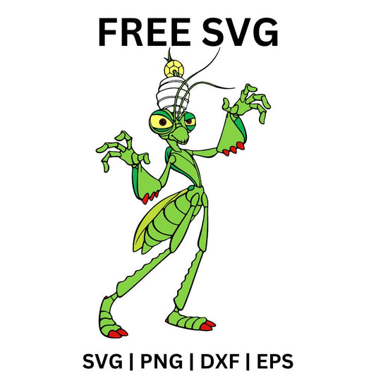 Tall green cartoon praying mantis in a small yellow cap standing upright with long thin legs and folded arms, free cartoon mantis SVG cut file preview.