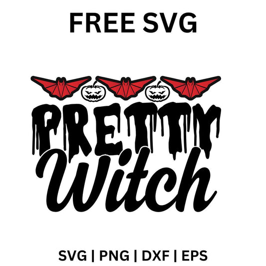 Black dripping Pretty lettering above bold Witch script, topped with a row of red bats and small jack-o-lanterns, free pretty witch SVG cut file preview.