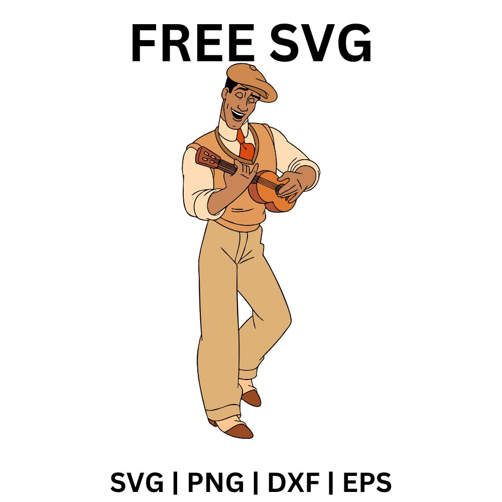Smiling cartoon prince in a flat cap and sweater vest standing and strumming a ukulele, free musician prince SVG cut file preview.