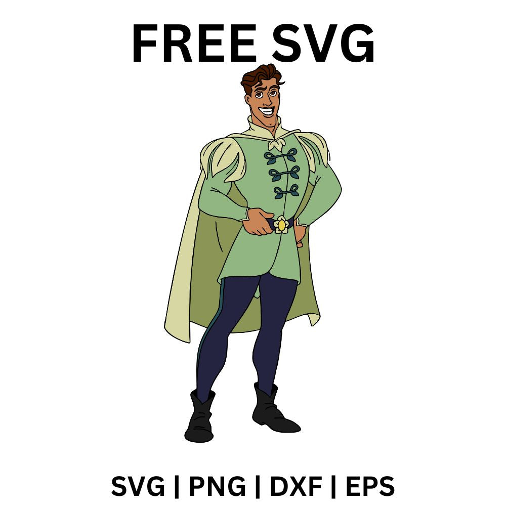 Confident cartoon prince in a green royal tunic, long pale cape and dark boots standing with hands on hips, free royal prince SVG cut file preview.