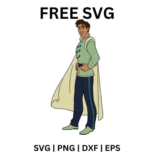 Cartoon prince in a pale green tunic and navy trousers posing sideways with one hand on his hip and a flowing cream cape, free royal prince SVG cut file preview.