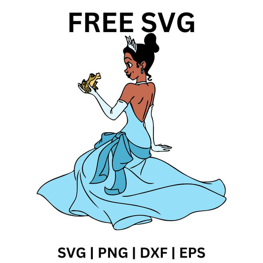 Cartoon princess with a small tiara in a flowing light blue gown sitting and gazing at a little frog held in her gloved hand, free princess and frog SVG cut file preview.