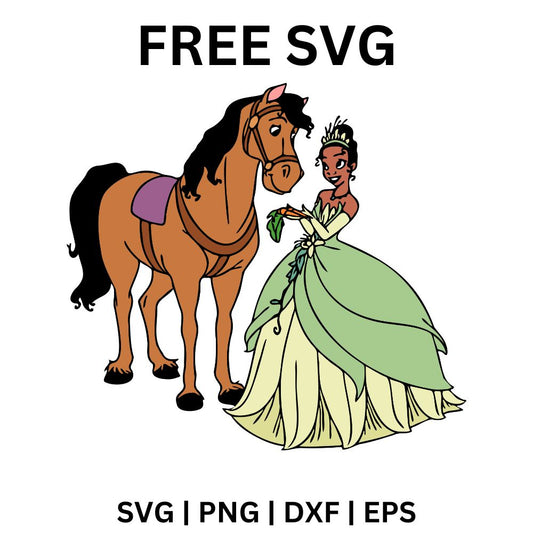Cartoon princess in a layered green ball gown holding a lily pad as a brown horse with a purple saddle leans in beside her, free princess and horse SVG cut file preview.
