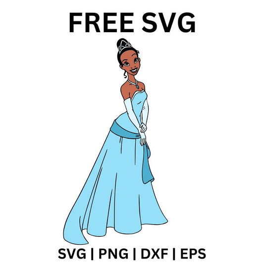 Elegant cartoon princess with a tiara and long white gloves standing gracefully in a light blue gown with a sash, free princess gown SVG cut file preview.