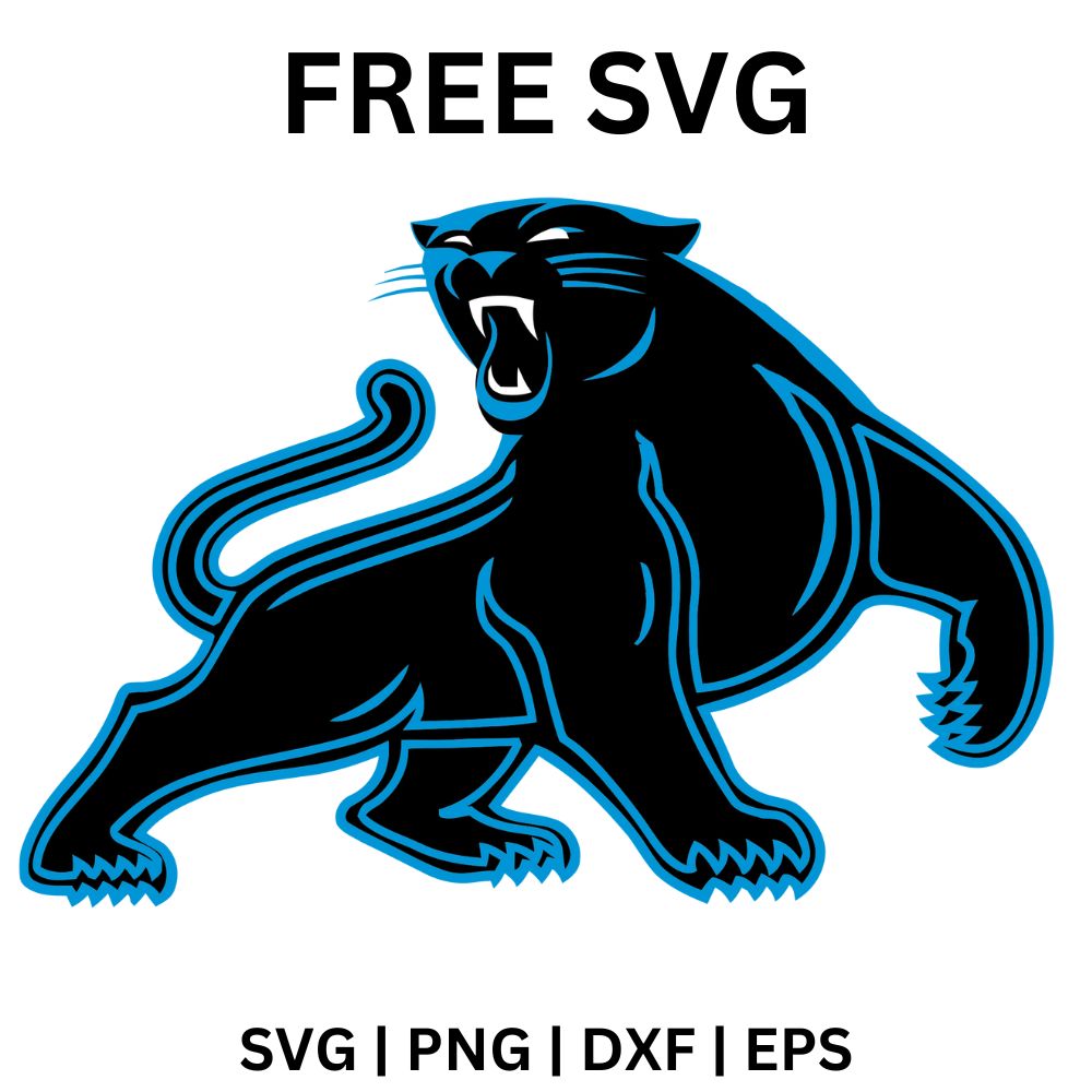 Muscular black panther prowling forward with a snarling open mouth, outlined in bright blue, free panther mascot SVG cut file preview.