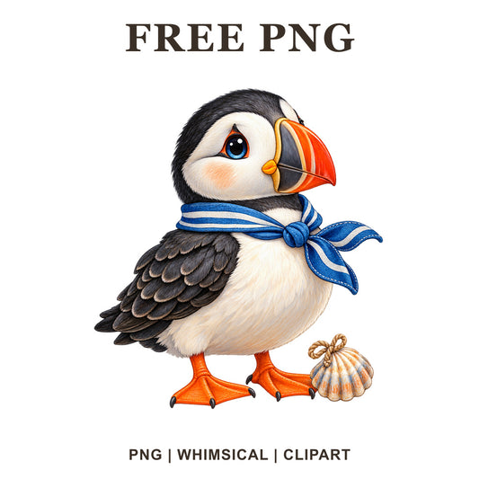 Cute puffin in a blue striped scarf standing beside a seashell, free coastal puffin PNG