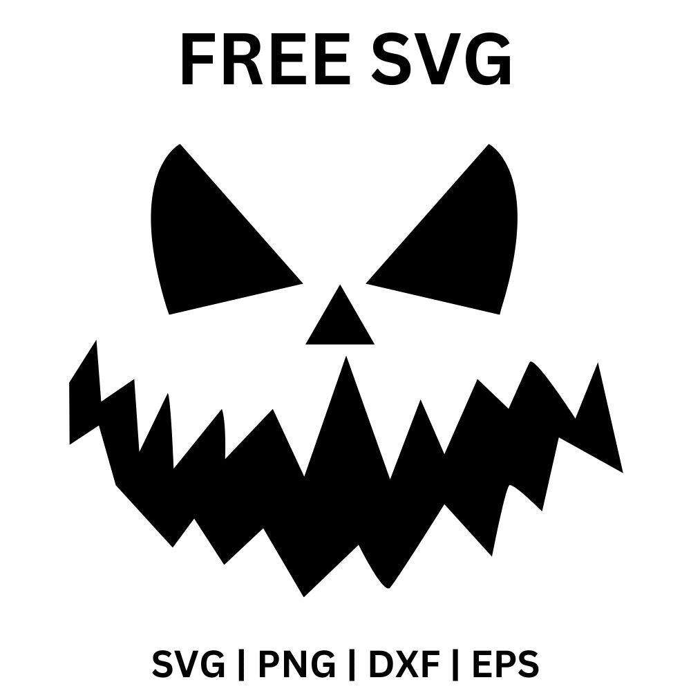 Black scary pumpkin face cutout with two slanted triangle eyes, a small triangle nose and a wide mouth full of sharp jagged teeth, free Halloween pumpkin face SVG cut file preview.